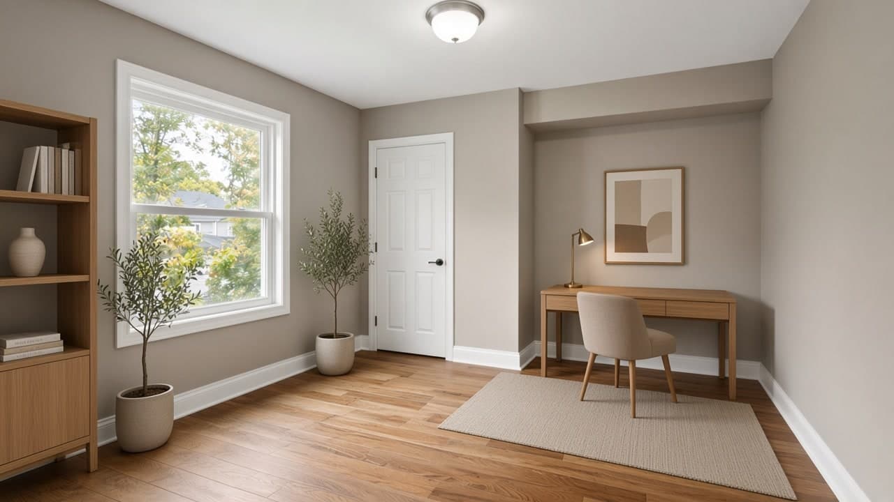 Home office, virtually staged with a desk, a chair, shelving, and a rug.